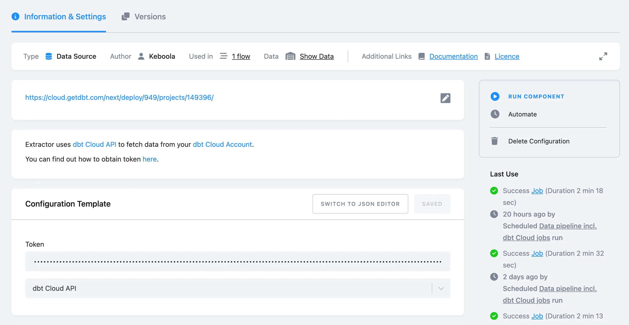 TODO(human-review: alt unverified) The dbt Cloud API source connector configuration with the API token and default configuration